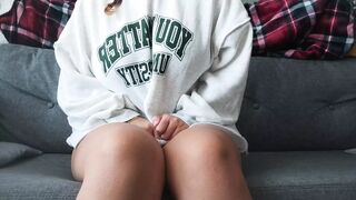 A fresh student masturbation to cums on her flatmate's sofa
