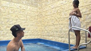 My stepsister catches me sticking my massive prick into a hole in the pool and we end up fucking.